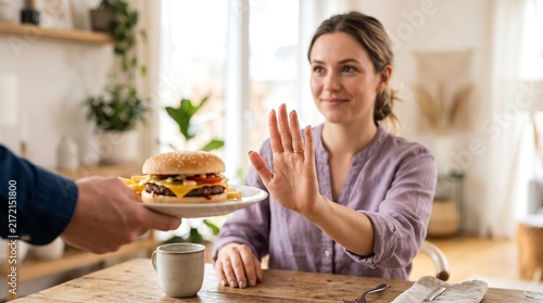 A woman politely refuses a hamburger offered to her at a table, choosing a healthier lifestyle.