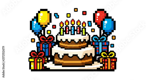 Pixel art birthday cake celebration.