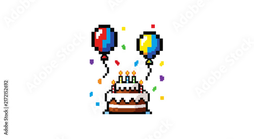 Pixel art birthday cake celebration.