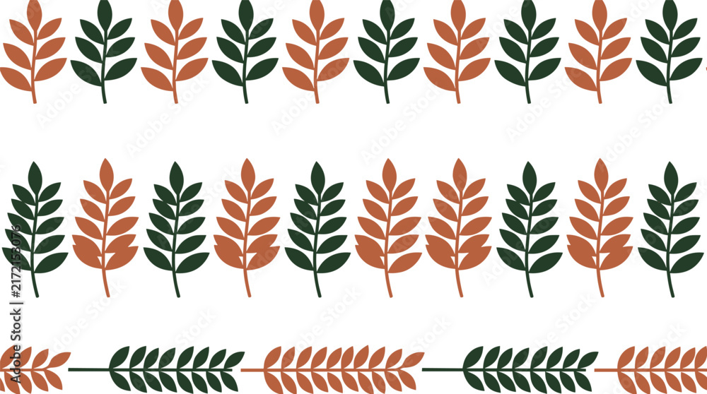 Obraz premium Minimalist Leaves Border Pattern Vector Set with Autumn Green and Orange Foliage Branches for Aesthetic Border Ribbon and Fabric Textile Designs