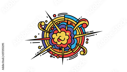 Vibrant pop art comic book style explosion with highly colorful abstract rings and starburst shapes on a white background.