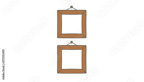 Two blank square wooden picture frames hanging vertically from nails against a clean white wall, ready for your custom artwork.