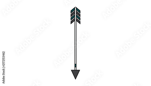 Vertical tribal arrow design pointing downwards featuring decorative dark green and gray fletching on a clean white background.