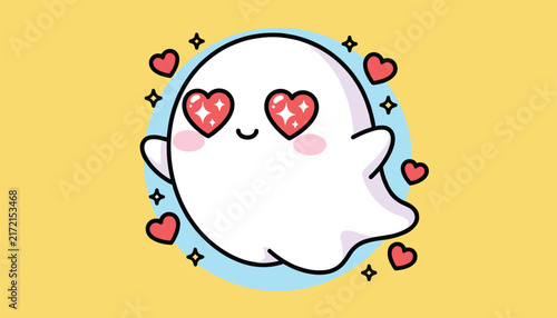 Adorable cartoon ghost with sparkling pink heart-shaped eyes flying happily amid tiny red hearts and stars on a yellow background.
