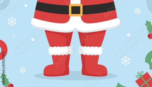 Festive flat illustration of Santa Claus from the waist down wearing his signature red suit, black belt, and black boots.