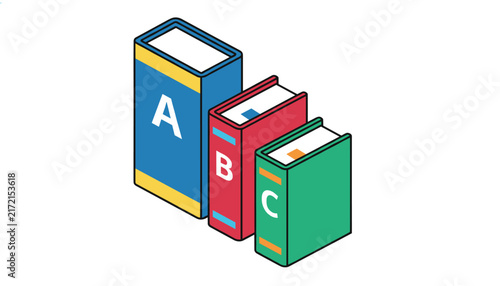 Three colorful isometric school textbooks labeled with letters A, B, and C, standing neatly in a diagonal row.