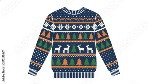 Cozy blue and orange Christmas sweater with classic patterns of snowflakes, reindeer, and rows of green and orange pine trees.