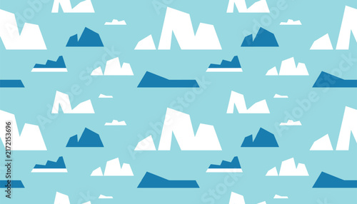 Seamless vector pattern featuring stylized white icebergs and blue glaciers floating in a light blue arctic ocean.