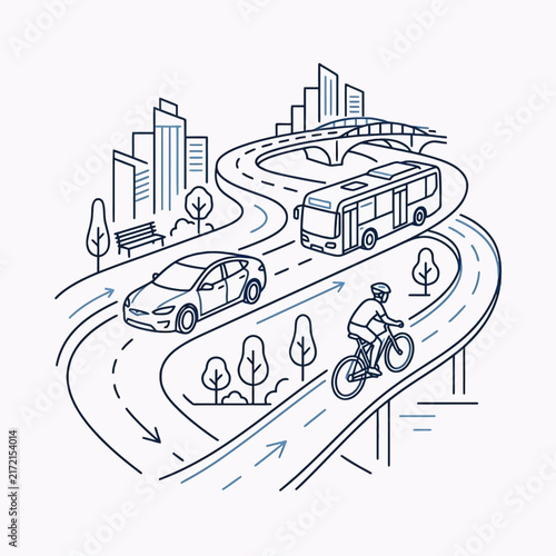 Urban Transportation and Road Traffic with Bus, Car and Bicycle Illustration