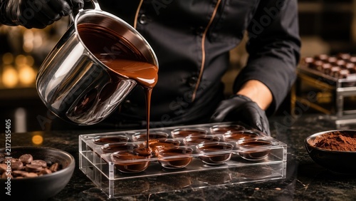 Professional chocolatier pouring tempered melted chocolate into mold during artisan confectionery production process