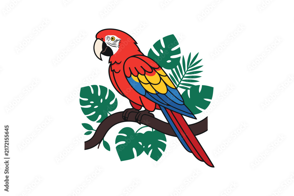 Obraz premium Colorful macaw parrot sitting on a branch with tropical jungle leaves