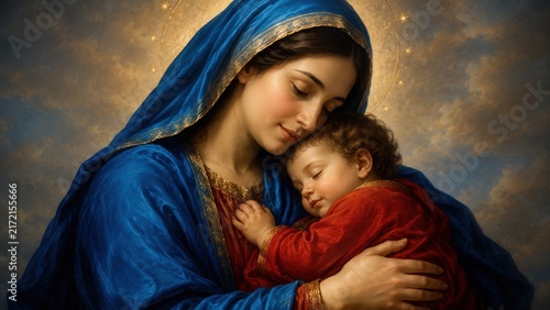 Madonna and child in classical sacred art style with gentle embrace radiant halo and timeless devotion portrait