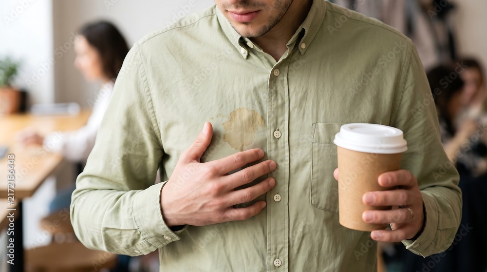Obraz premium A man reacts with dismay after spilling coffee on his light green shirt, creating a noticeable brown stain on his chest while holding a disposable cup in an indoor setting.