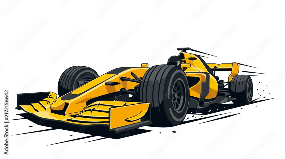 Fototapeta premium Low Angle Vector Illustration of a High-Speed Yellow Formula 1 Racing Car with Aerodynamic Body, Driver in Helmet, and Motion Blur Lines, Isolated on White for Professional Graphic Design