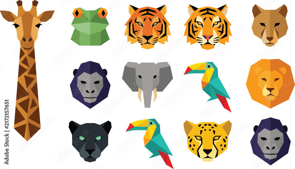 Naklejka premium Geometric Low Poly Wild Animal and Bird Avatar Vector Icon Set Featuring Giraffe Tiger Lion Elephant Panther Cheetah Gorilla and Toucan Logos