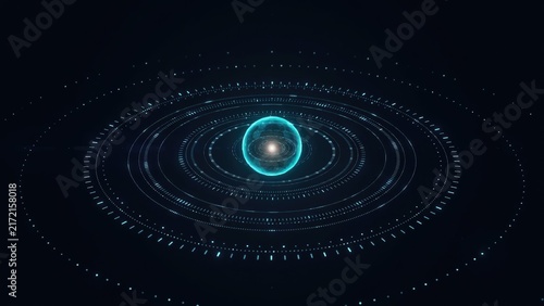 Glowing cyan sphere with concentric orbital rings and data particles