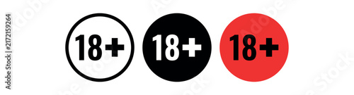 Age restriction eighteen plus badge icons in black and red colorway.