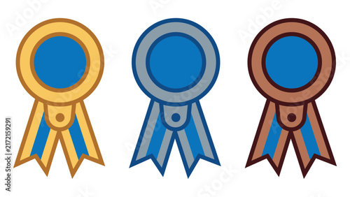 Gold silver and bronze award ribbon medals with blue center insert.