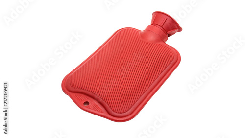 Classic red rubber hot water bottle bag for medical pain relief isolated on transparent background