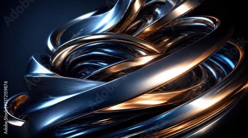 Abstract metallic sculpture with glowing curved steel ribbons in blue and gold