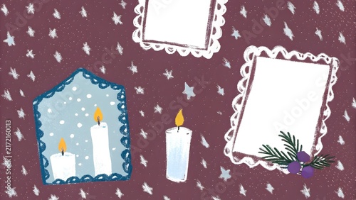 Candles and empty frames with festive accents during winter's glow conceptual design whimsical illustration style