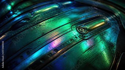 Abstract metallic surface glowing with neon green and blue futuristic lights