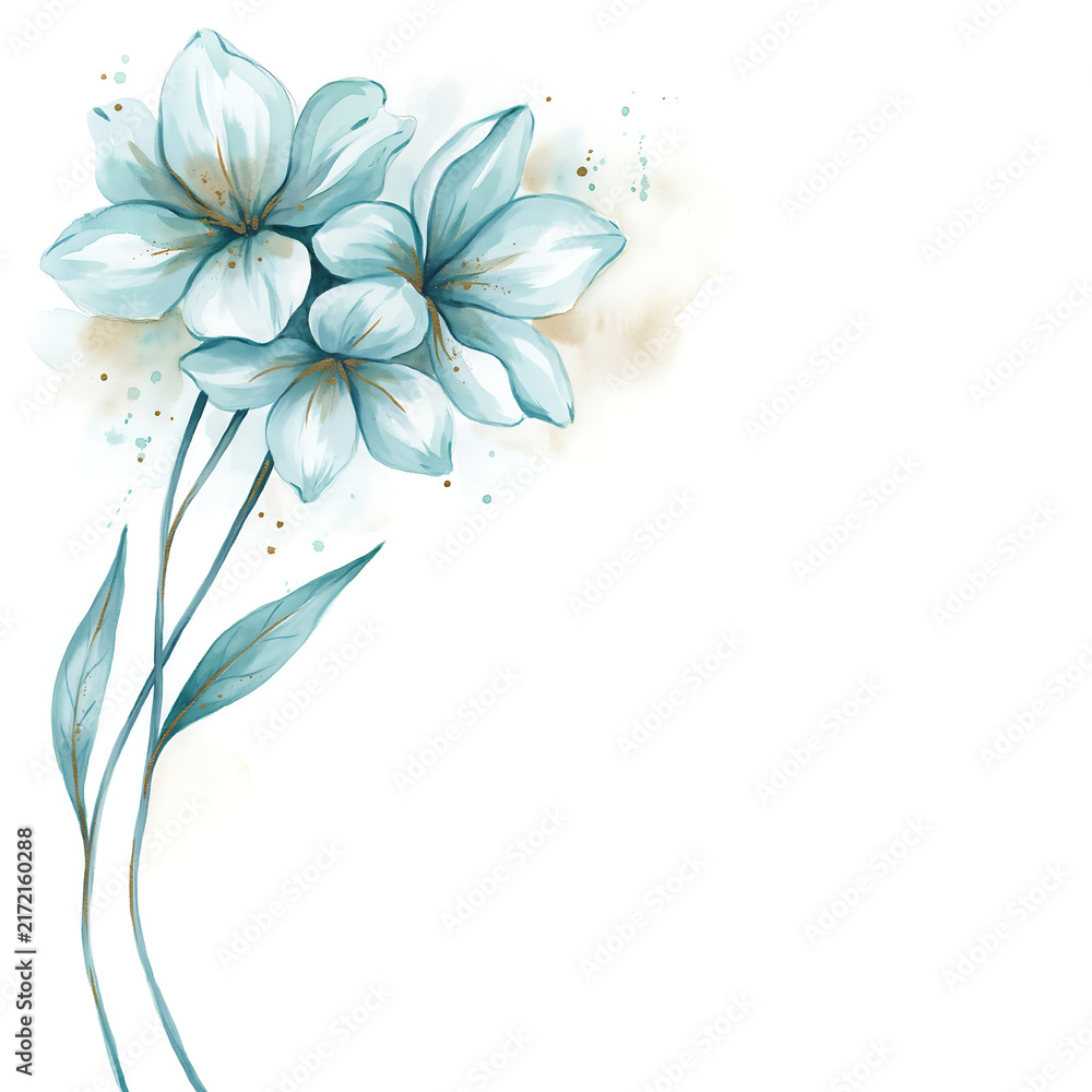 Obraz premium Watercolor painting of light blue flowers with green leaves isolated on a transparent background