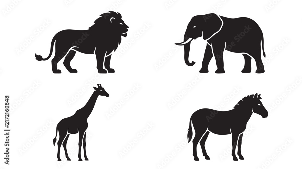 Fototapeta premium Set of wild African animals black silhouettes standing isolated