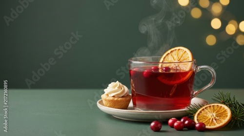 Hot Spiced Berry Tea Glass Cup with Cupcake and Dried Orange on Table