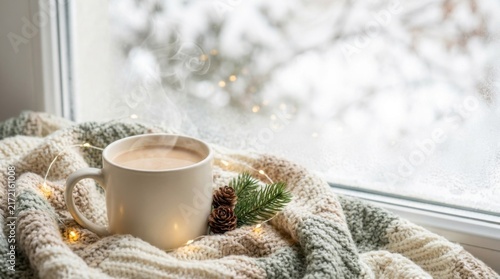 Hot Frothy Cappuccino Mug with Knit Wool Blanket on Snowy Window Shelf