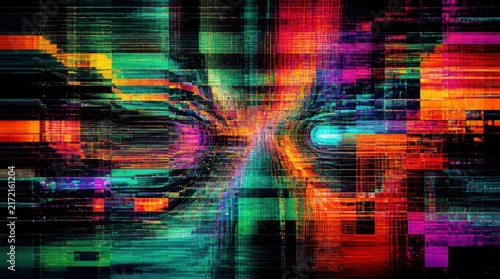 Abstract neon glitch background with colorful digital distortion and stripes
