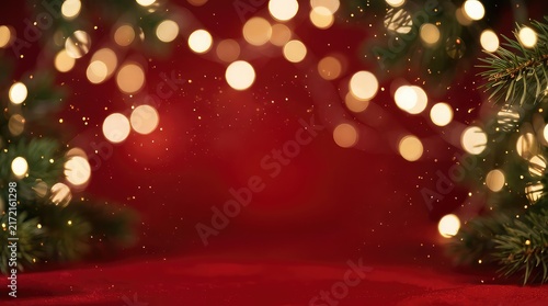 Christmas background with red velvet, pine branches and golden bokeh lights