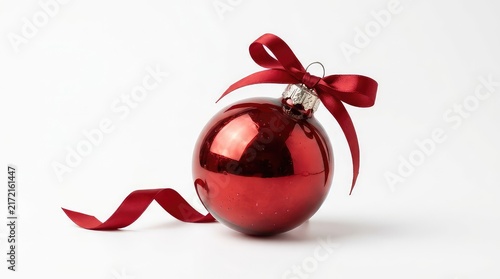 Shiny red christmas ornament with a ribbon isolated on white background