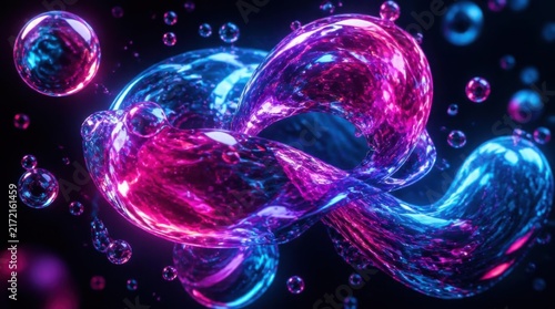Abstract neon fluid curves and glowing spheres in digital space
