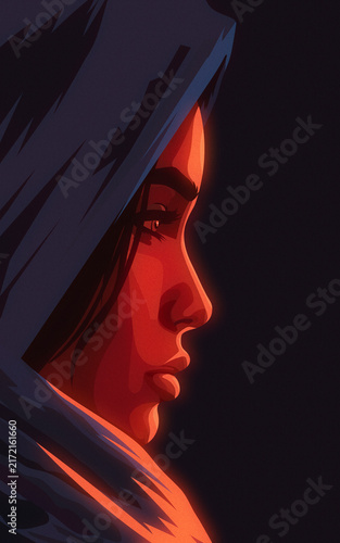 A girl in profile wearing a headscarf. A close-up of a woman's profile. Muslim, Arab woman.