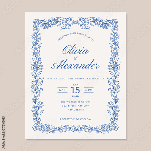 Elegant Blue Hand Drawn Ribbon and Floral Frame Wedding Invitation Card Template