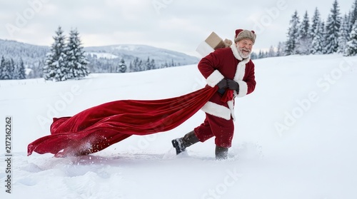 Santa claus pulling a large red sack through the snow in winter