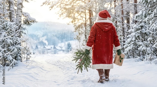 Santa claus walking through a snowy forest holding a gift and pine branch
