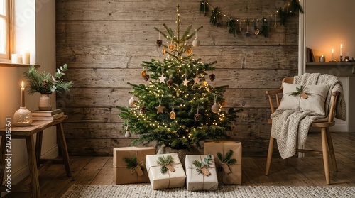 Cozy christmas tree with gifts and rustic decor in a warm living room