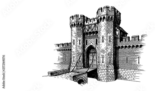 Photography Medieval castle gatehouse with lowered drawbridge and fortified brick wall detai