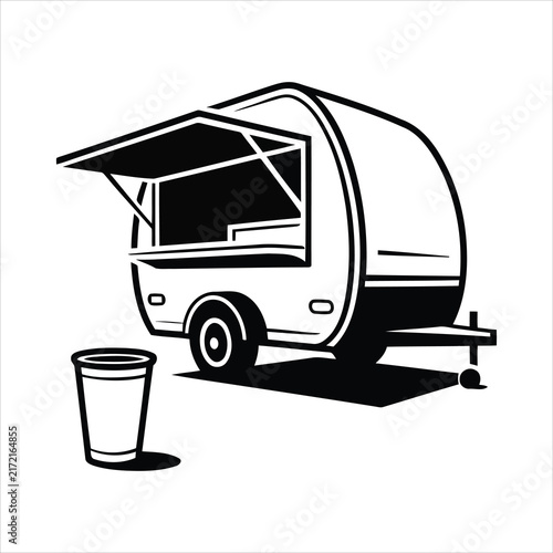 Black and white vector illustration of a food trailer and a single takeaway beverage cup