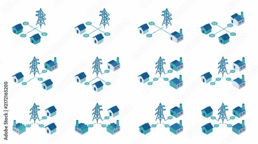 Fototapeta premium Industrial Microgrid Network Illustrations Showing Energy Distribution Between Buildings Factories and Power Towers in Blue and Dark Green