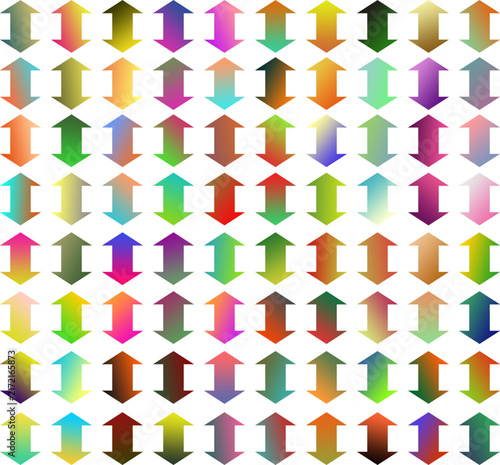 A colorful collection of up and down directional arrow icons featuring vibrant gradient color combinations in a clean, modern vector style