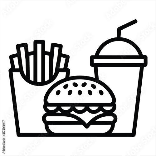 Fast food meal combo line icon featuring a burger fries and drink