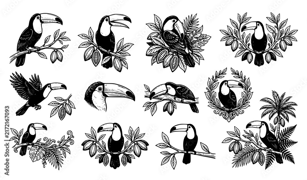 Naklejka premium Toucan Cocoa Branch Tropical Bird Hand Drawn Engraving Vector Collection