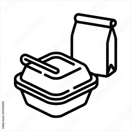 Line icon illustration of food takeout container and paper bag