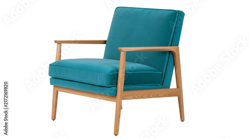 Canvas Print Teal upholstered armchair with natural wood frame, isolated on transparent backg