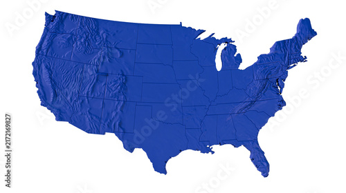 Bild auf Leinwand Three-dimensional blue United States map with detailed topography, isolated on t
