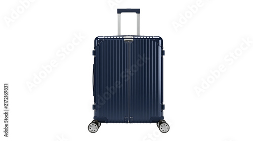 Fotografie Dark blue ribbed aluminum suitcase with telescopic handle and wheels, isolated o