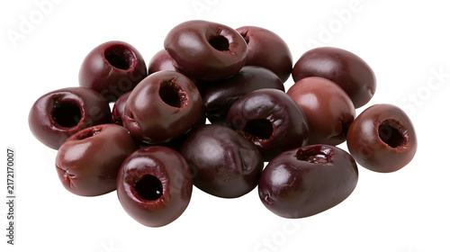 Fotografie Pile of pitted black olives glossy and dark, isolated on transparent background